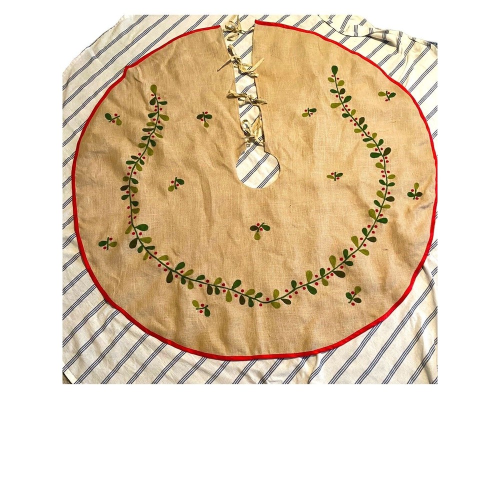 Hobby Lobby Burlap Jute Embroidered Tree Skirt Primitive Country Farmhouse 47”